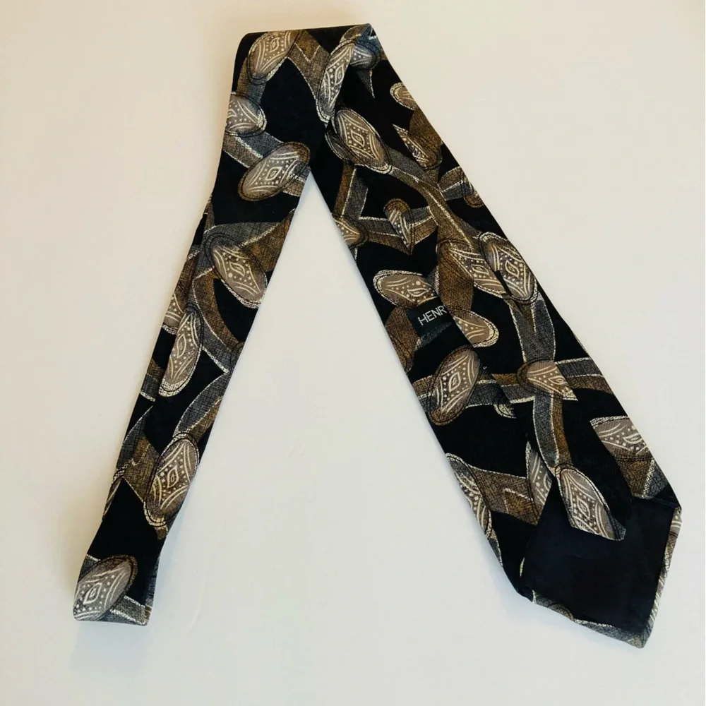 Bundle of 2 Henry Grethel Italian Silk Neck Ties 58” and 56” Paisley Leaf Black